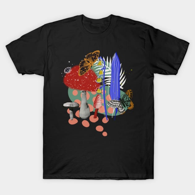 Cottagecore Mushroom Butterfly Retro Trippy Collage Ladybug Red Blue Modern T-Shirt by joannejgg